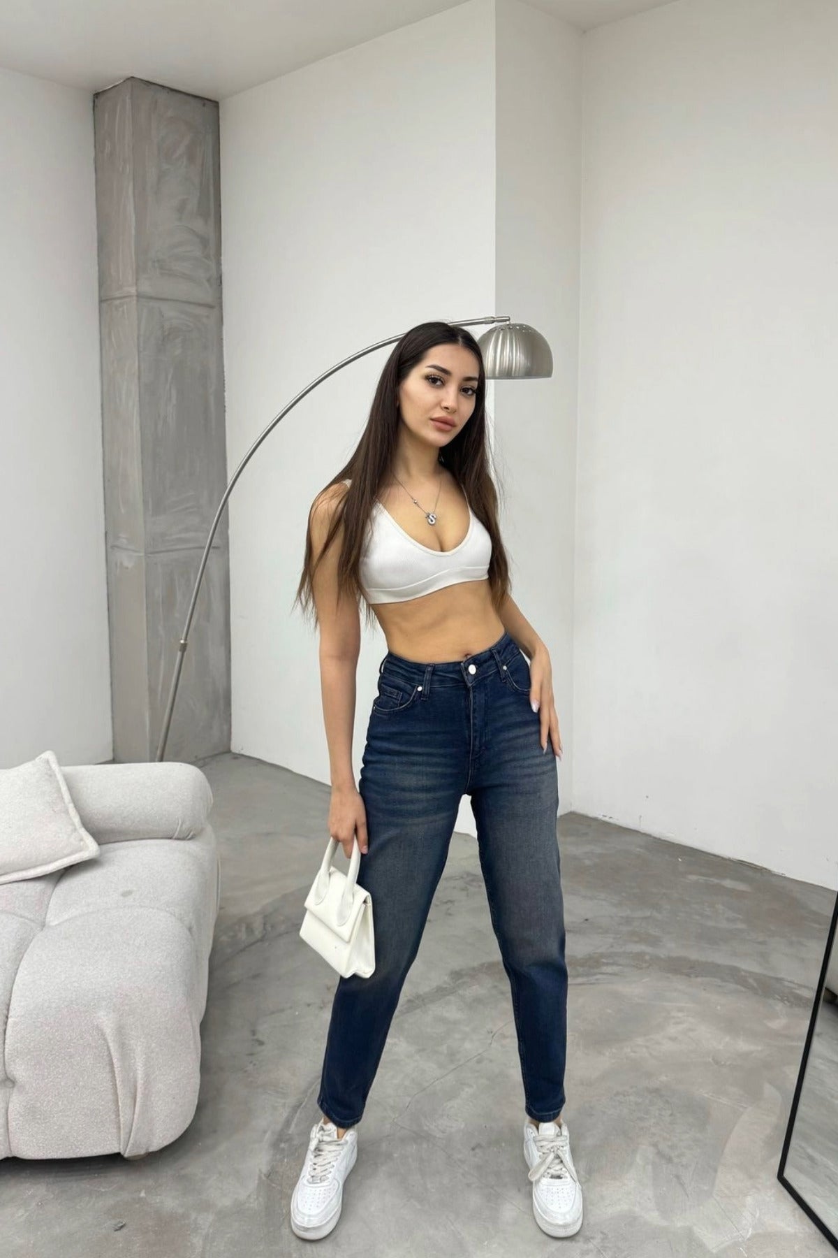 Women's Stretch/Lycra High-Waisted Mom Jeans with Effect, Navy Blue - MALLTURK