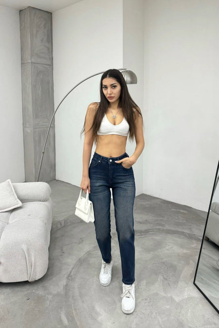 Women's Stretch/Lycra High-Waisted Mom Jeans with Effect, Navy Blue - MALLTURK