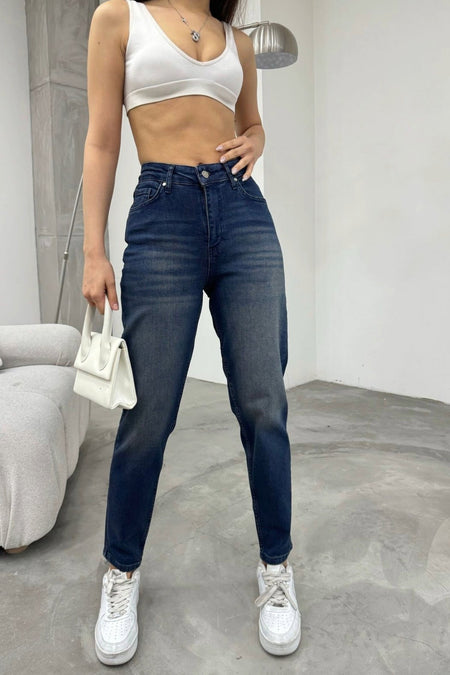 Women's Stretch/Lycra High-Waisted Mom Jeans with Effect, Navy Blue - MALLTURK