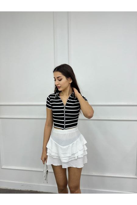 Women's Striped Crop Blouse with Zipper Detail, Black - MALLTURK