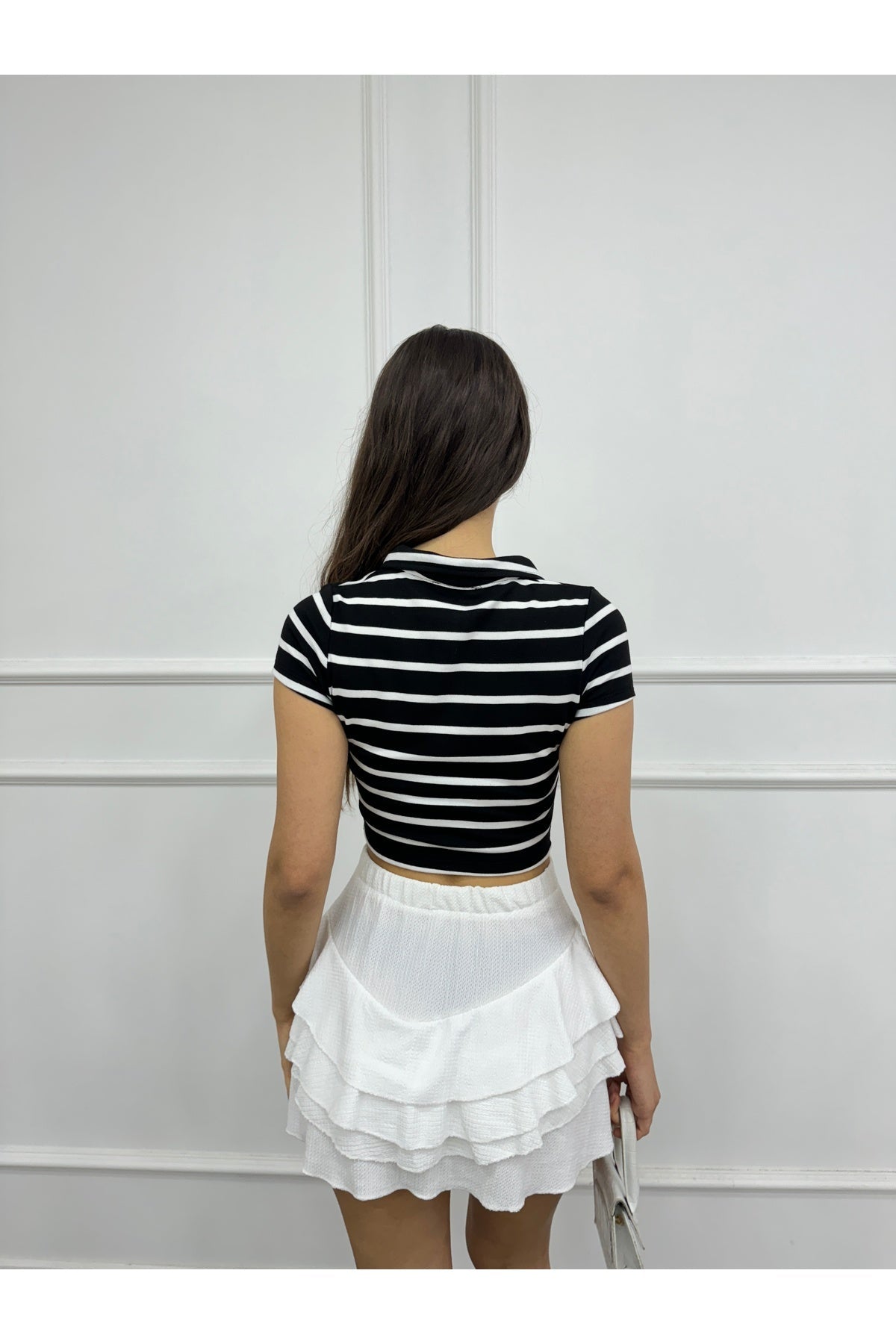 Women's Striped Crop Blouse with Zipper Detail, Black - MALLTURK