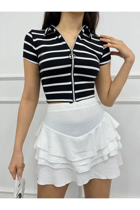 Women's Striped Crop Blouse with Zipper Detail, Black - MALLTURK