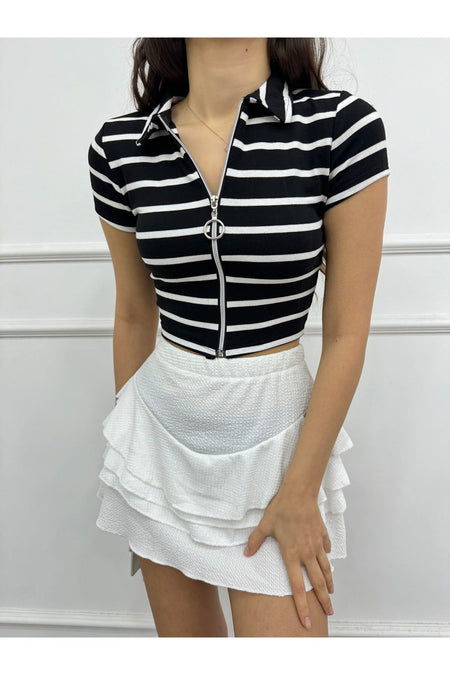 Women's Striped Crop Blouse with Zipper Detail, Black - MALLTURK