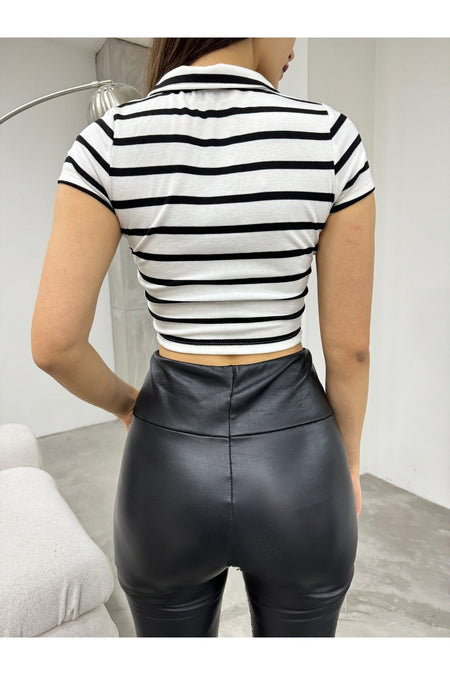 Women's Striped Crop Blouse with Zipper Detail, White - MALLTURK