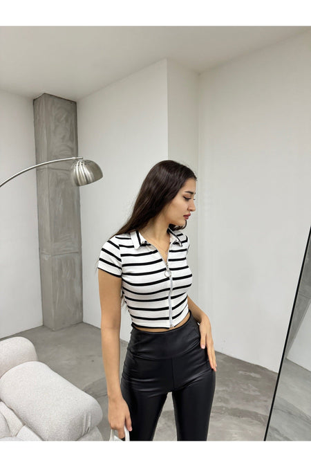 Women's Striped Crop Blouse with Zipper Detail, White - MALLTURK