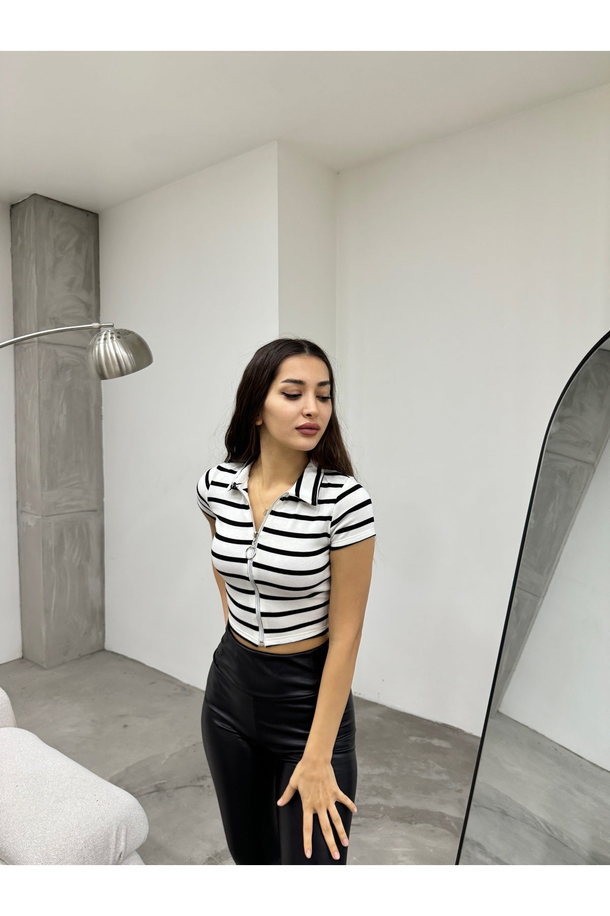 Women's Striped Crop Blouse with Zipper Detail, White - MALLTURK