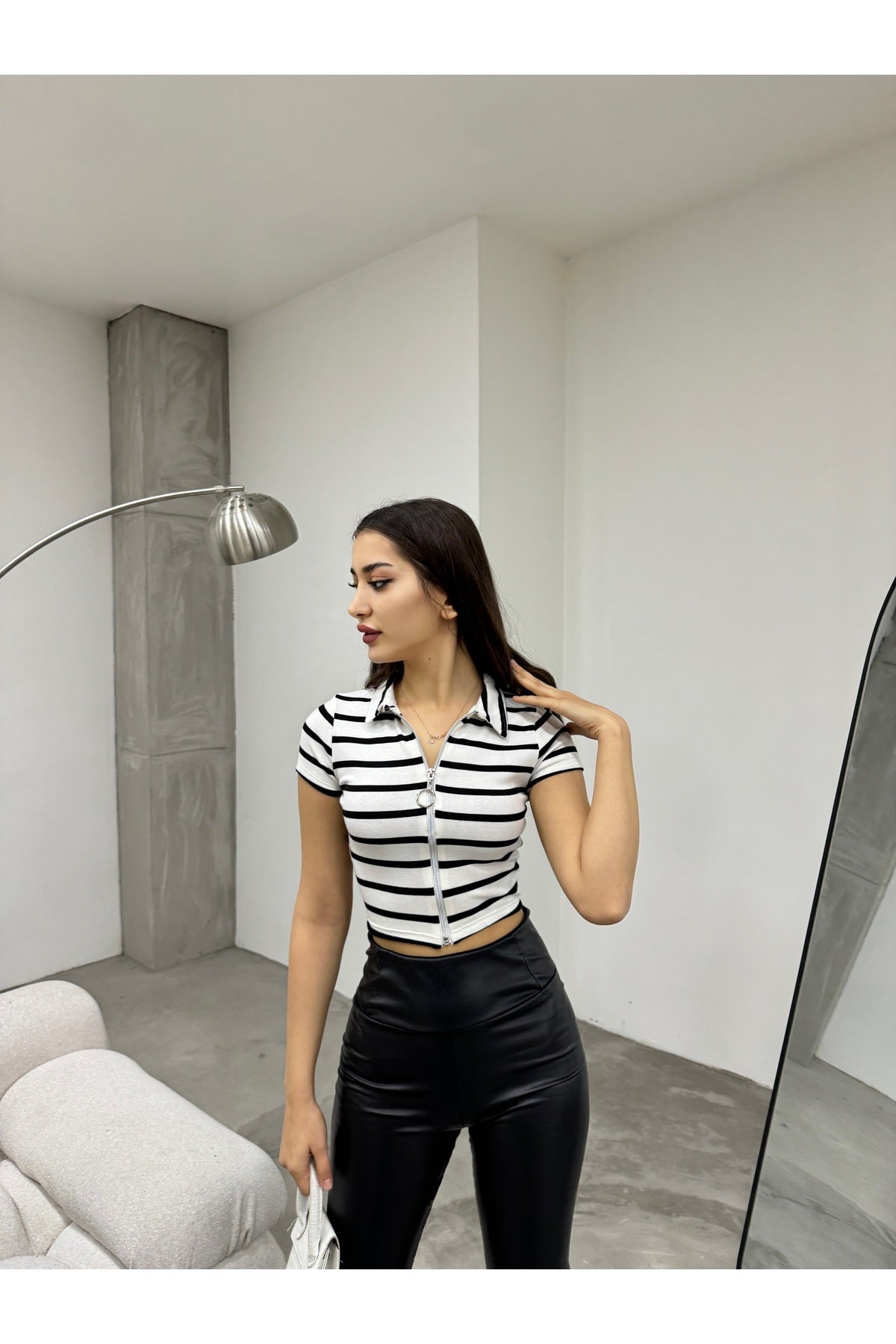 Women's Striped Crop Blouse with Zipper Detail, White - MALLTURK