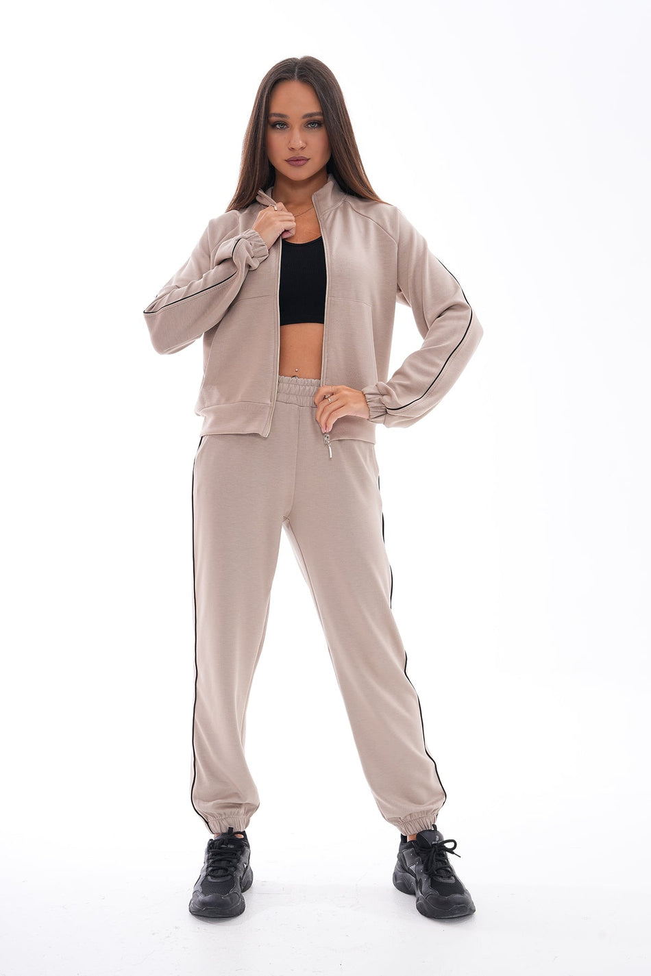 Women's Striped Detail Zip-Up Tracksuit Set, Beige - MALLTURK