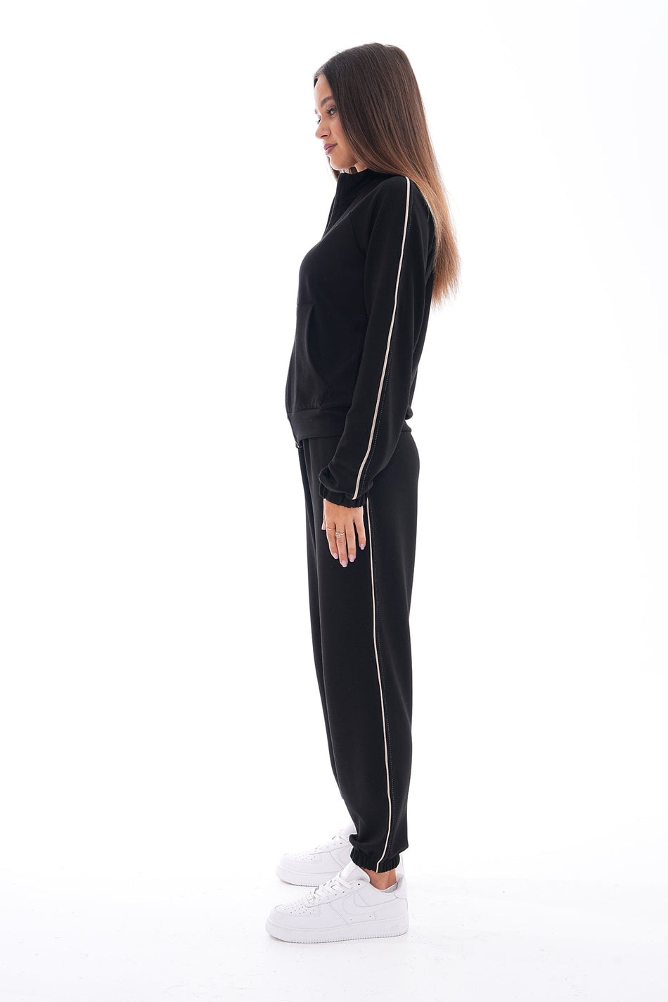 Women's Striped Detail Zip-Up Tracksuit Set, Black - MALLTURK