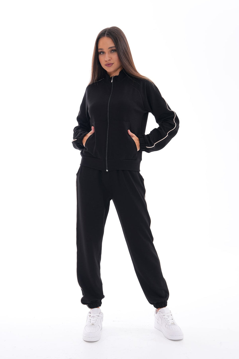 Women's Striped Detail Zip-Up Tracksuit Set, Black - MALLTURK