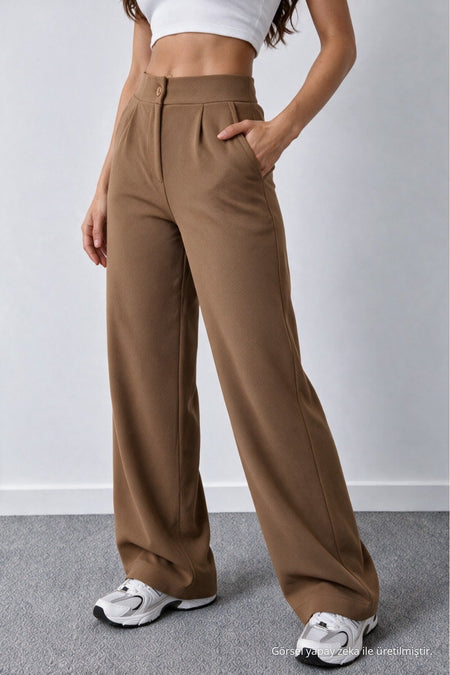 Women's Tan Lycra Palazzo Loose Wide Leg Trousers - MALLTURK