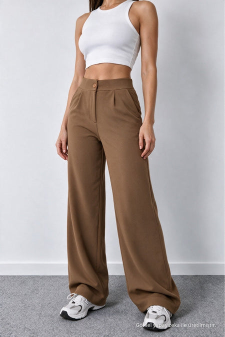 Women's Tan Lycra Palazzo Loose Wide Leg Trousers - MALLTURK