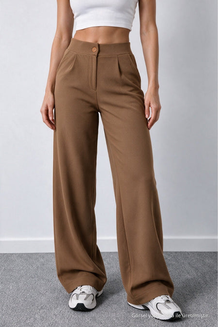 Women's Tan Lycra Palazzo Loose Wide Leg Trousers - MALLTURK
