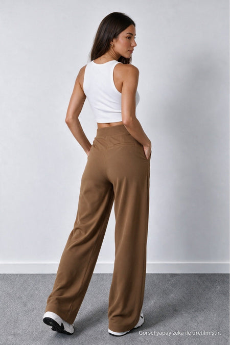 Women's Tan Lycra Palazzo Loose Wide Leg Trousers - MALLTURK
