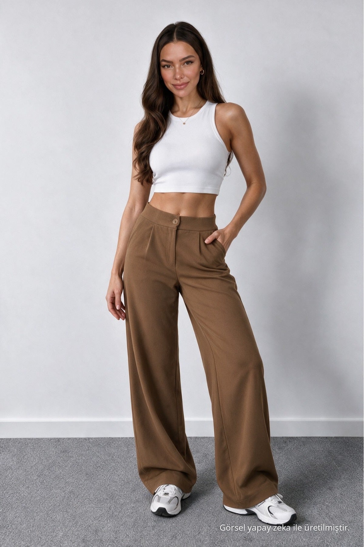 Women's Tan Lycra Palazzo Loose Wide Leg Trousers - MALLTURK