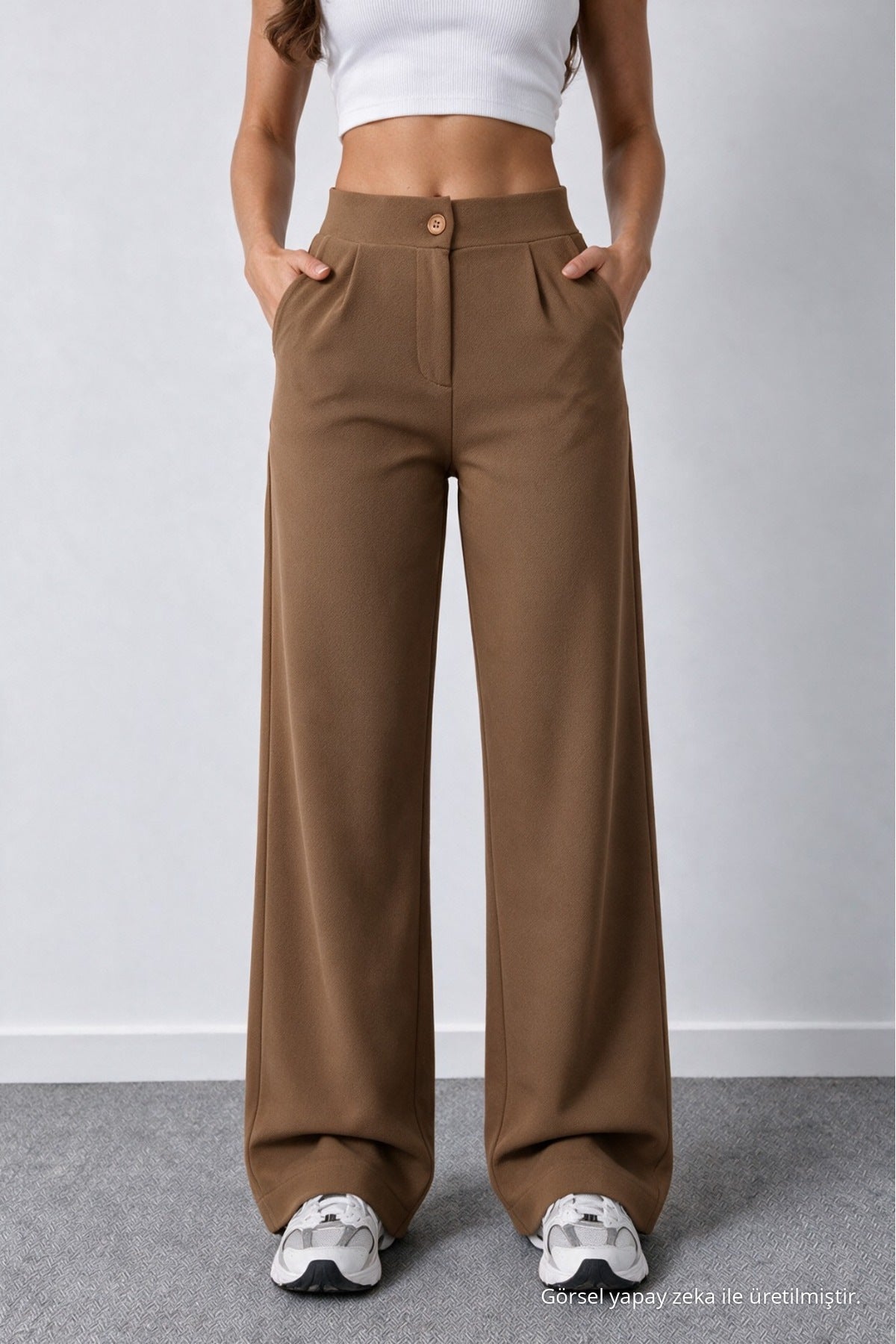 Women's Tan Lycra Palazzo Loose Wide Leg Trousers - MALLTURK