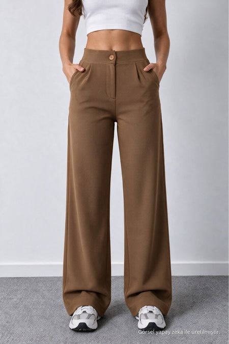 Women's Tan Lycra Palazzo Loose Wide Leg Trousers - MALLTURK