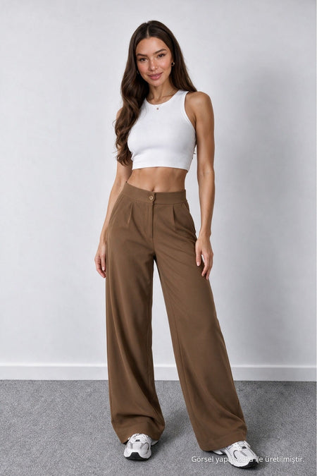 Women's Tan Lycra Palazzo Loose Wide Leg Trousers - MALLTURK
