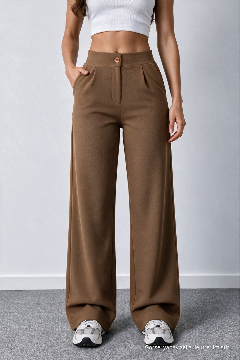 Women's Tan Lycra Palazzo Loose Wide Leg Trousers - MALLTURK