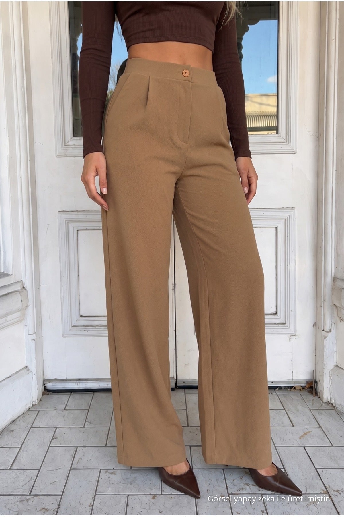 Women's Tan Relaxed Fit Wide Leg Lycra Trousers - MALLTURK