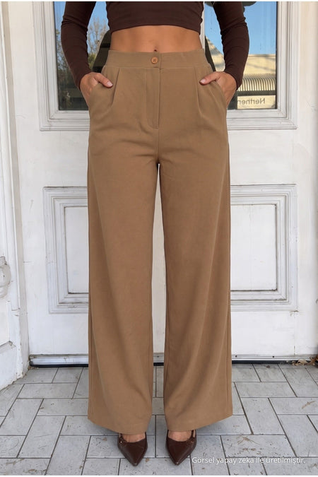 Women's Tan Relaxed Fit Wide Leg Lycra Trousers - MALLTURK