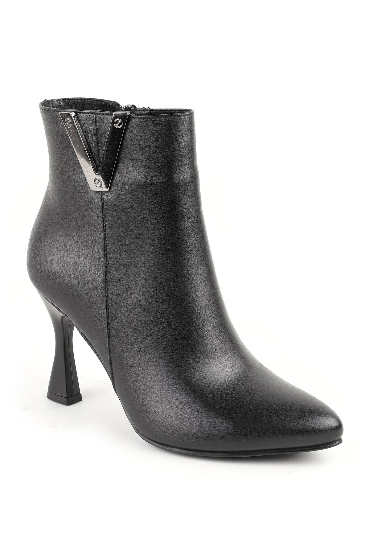 Women's Thin Heeled Ankle Boots–Pointed Toe, Metal Detail, Zipper, Stylish Office & Casual L065.429 - MALLTURK