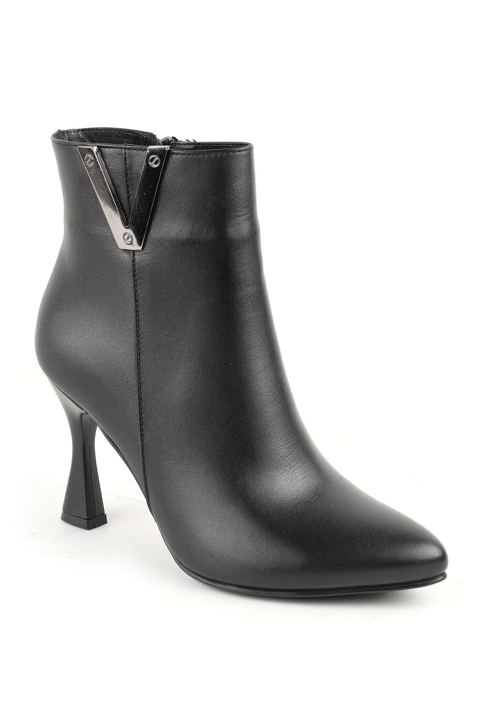 Women's Thin Heeled Ankle Boots–Pointed Toe, Metal Detail, Zipper, Stylish Office & Casual L065.429 - MALLTURK