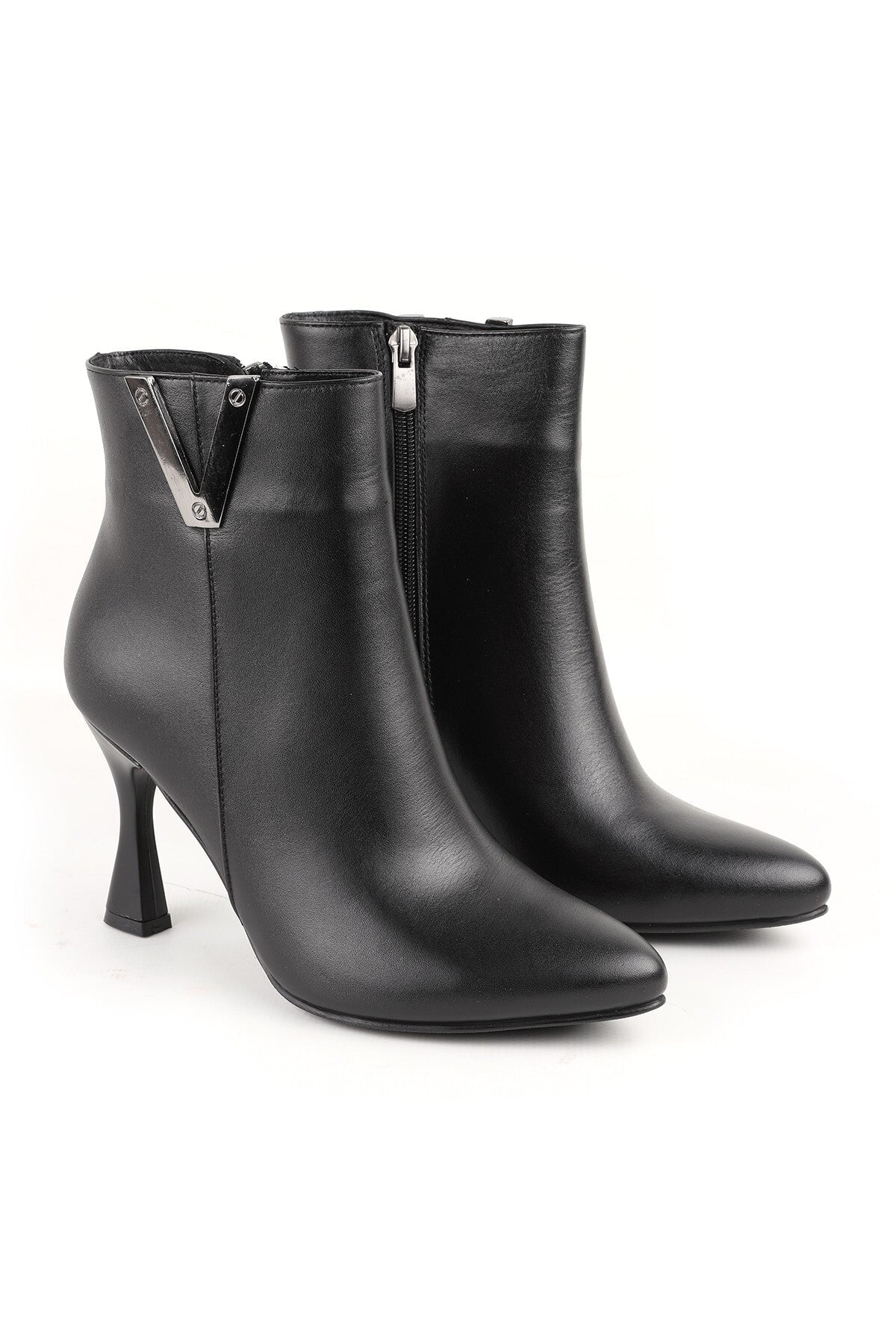 Women's Thin Heeled Ankle Boots–Pointed Toe, Metal Detail, Zipper, Stylish Office & Casual L065.429 - MALLTURK