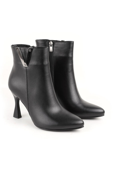 Women's Thin Heeled Ankle Boots–Pointed Toe, Metal Detail, Zipper, Stylish Office & Casual L065.429 - MALLTURK