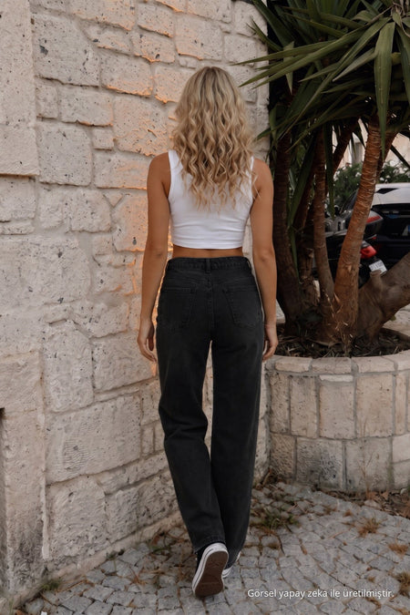 Women's Vintage Effect High Waist Stretch Wide Leg Jeans BLACK EFFECT - MALLTURK
