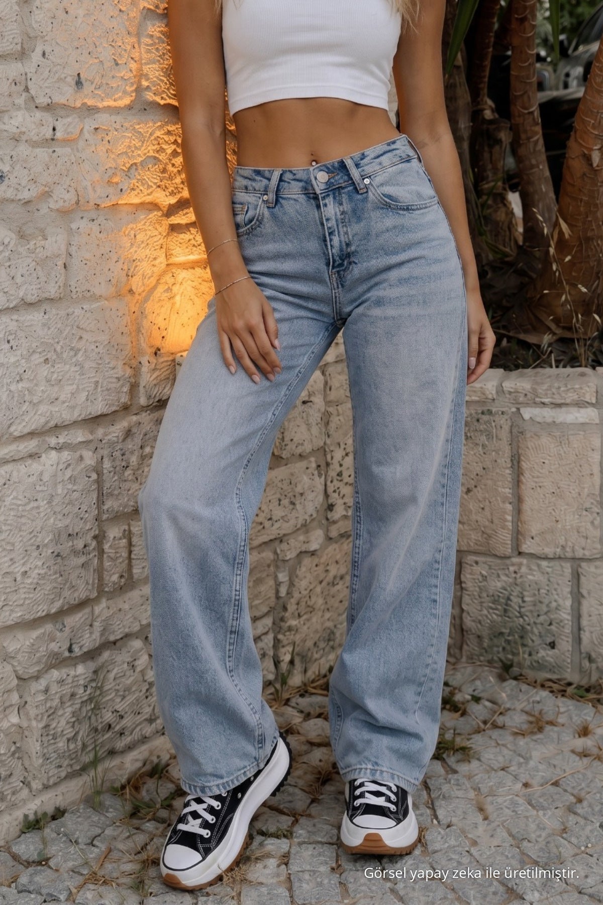 Women's Vintage Effect High Waist Stretch Wide Leg Jeans BLUE - MALLTURK