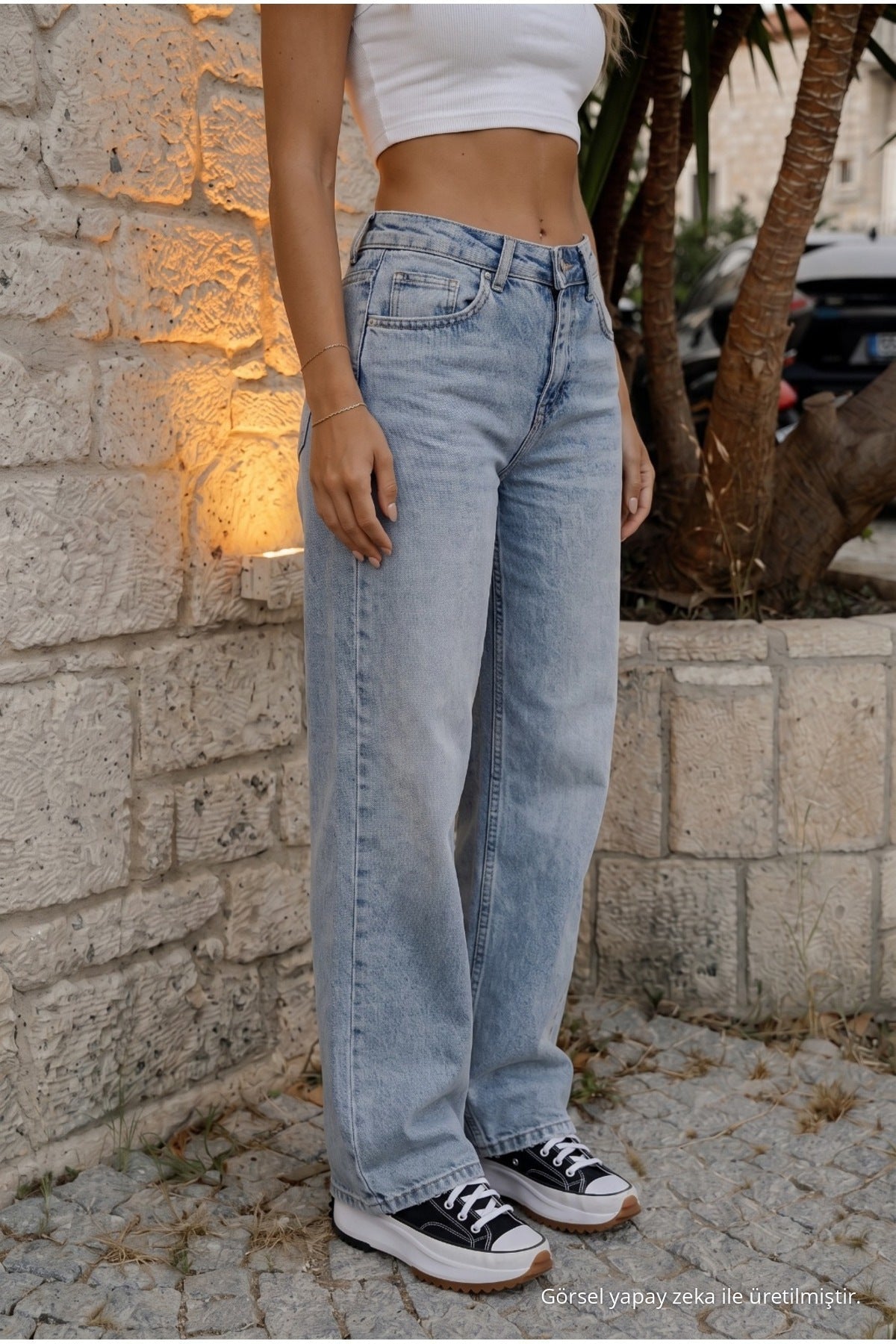 Women's Vintage Effect High Waist Stretch Wide Leg Jeans BLUE - MALLTURK