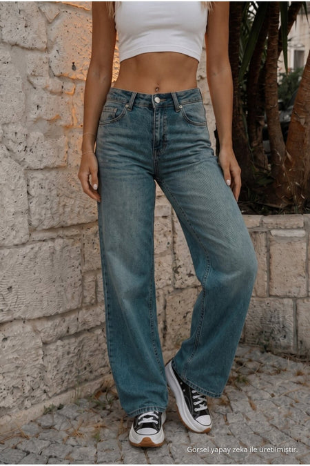 Women's Vintage Effect High Waist Stretch Wide Leg Jeans DARK BLUE - MALLTURK