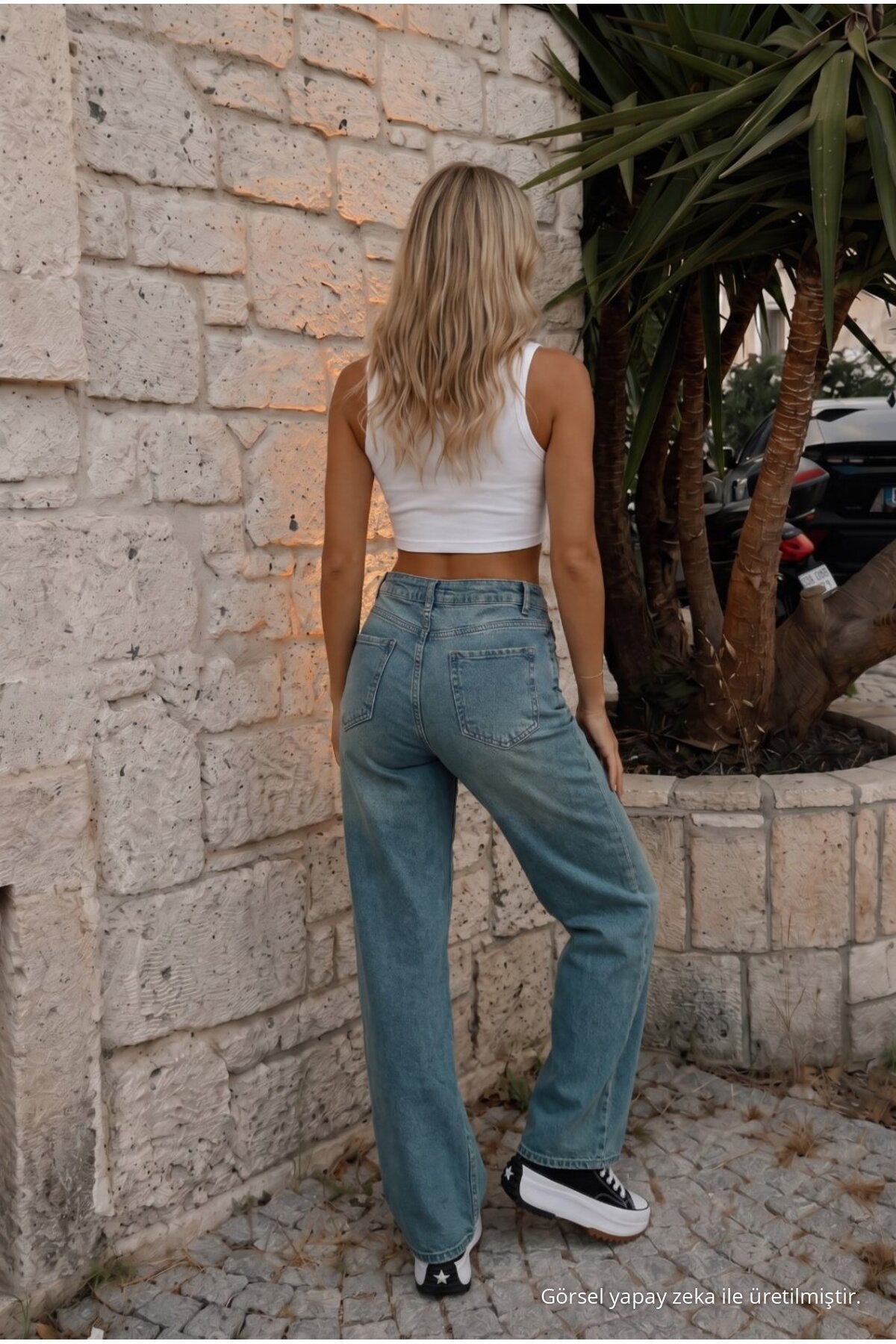 Women's Vintage Effect High Waist Stretch Wide Leg Jeans DARK BLUE - MALLTURK