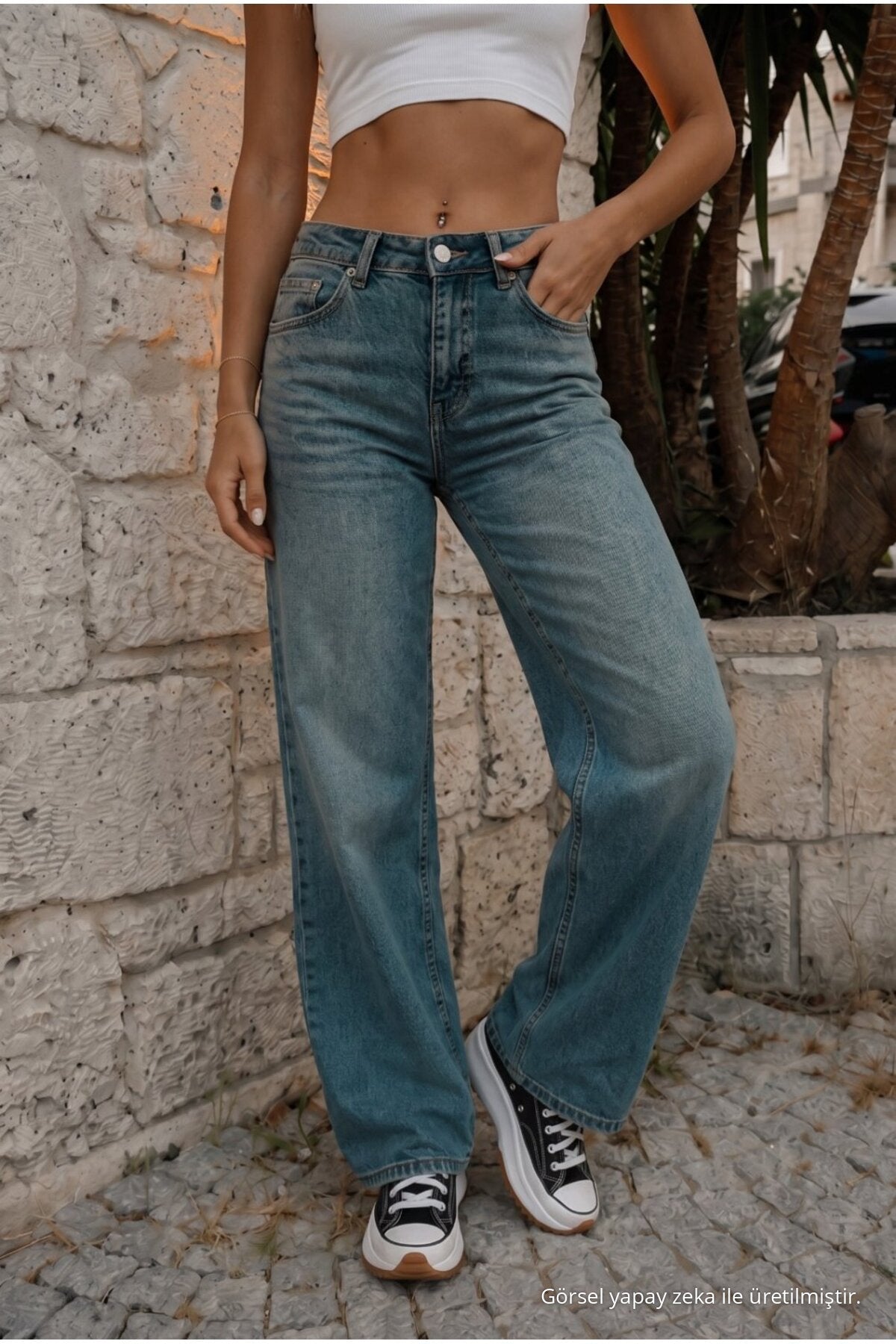 Women's Vintage Effect High Waist Stretch Wide Leg Jeans DARK BLUE - MALLTURK