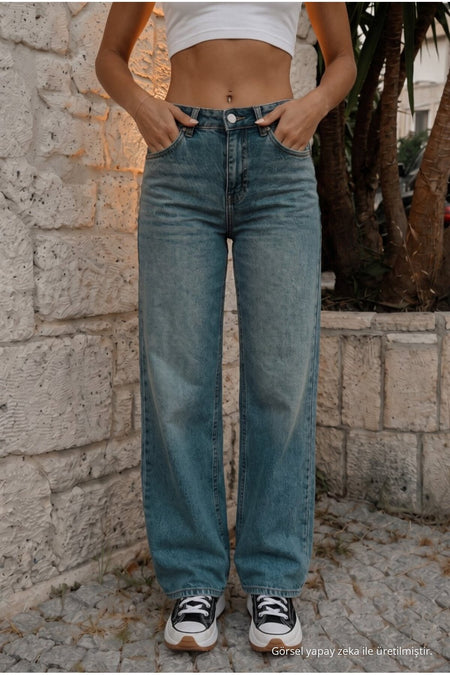 Women's Vintage Effect High Waist Stretch Wide Leg Jeans DARK BLUE - MALLTURK