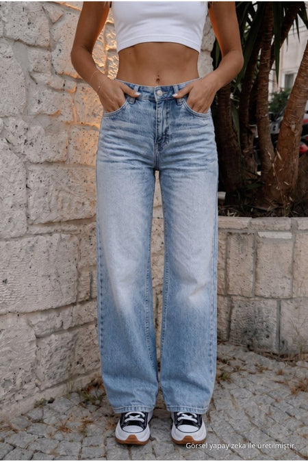 Women's Vintage Effect High Waist Stretch Wide Leg Jeans in Blue Effect - MALLTURK