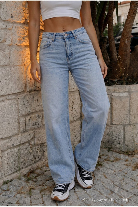 Women's Vintage Effect High Waist Stretch Wide Leg Jeans Light Blue - MALLTURK