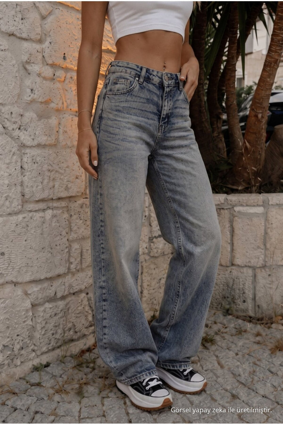 Women's Vintage Effect High Waist Stretch Wide Leg Jeans Sky Blue - MALLTURK