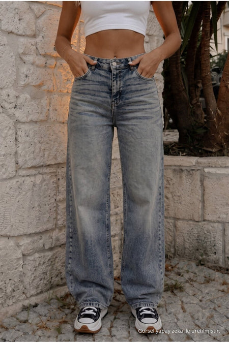 Women's Vintage Effect High Waist Stretch Wide Leg Jeans Sky Blue - MALLTURK