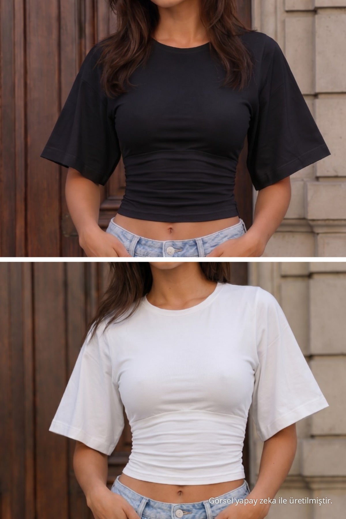 Women's Waist-Fitting Round Neck Wide-Sleeved 2-Pack Viscose Blouses, Multicolored - MALLTURK