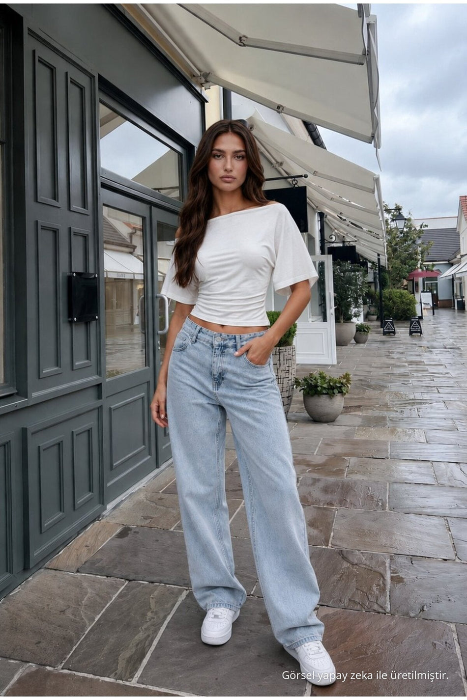 Women's Waist-Fitting Wide Neck Wide Sleeved Viscose Blouse WHITE - MALLTURK