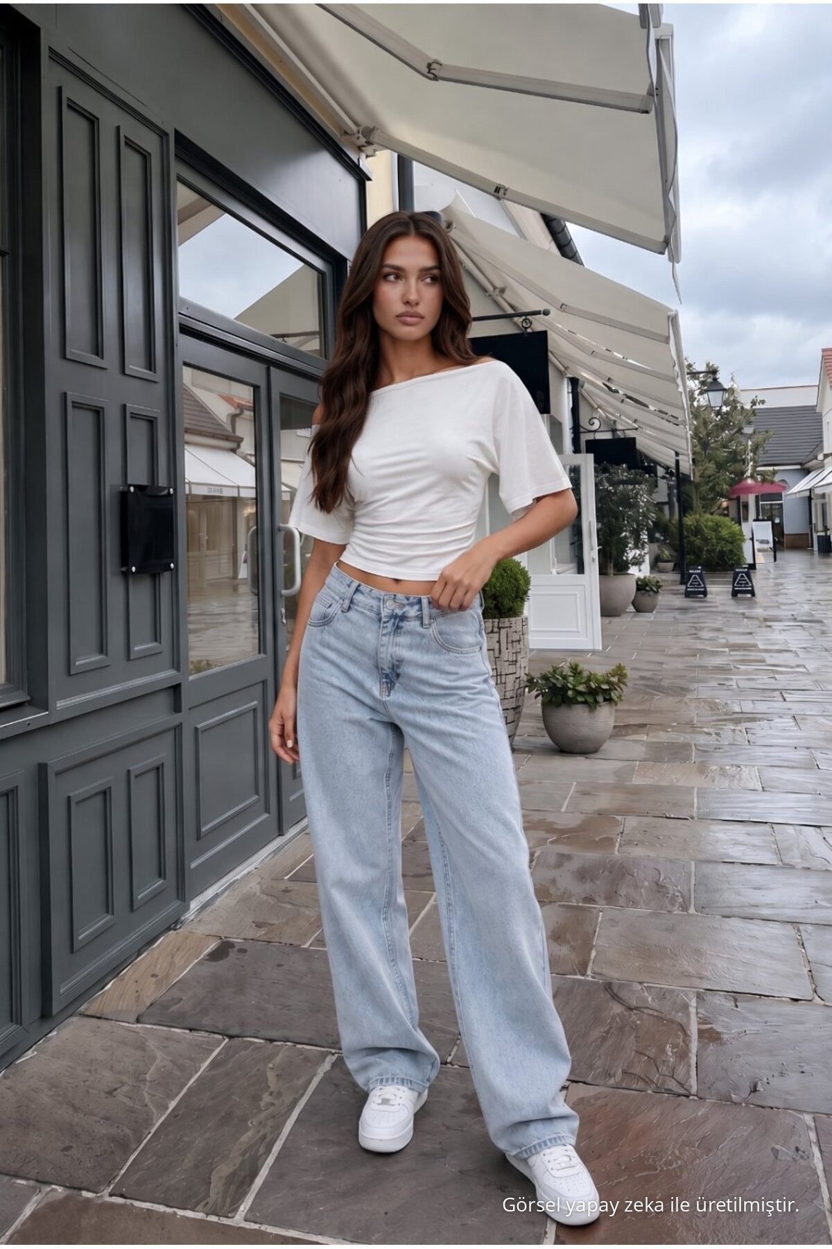Women's Waist-Fitting Wide Neck Wide Sleeved Viscose Blouse WHITE - MALLTURK