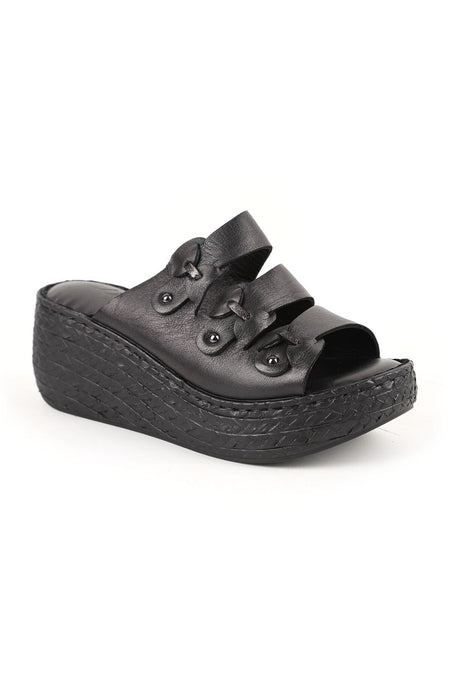Women's Wedge Heeled Slippers Open Toe Slip-On Floral Thick Sole Antique Leather L078.7715 - MALLTURK
