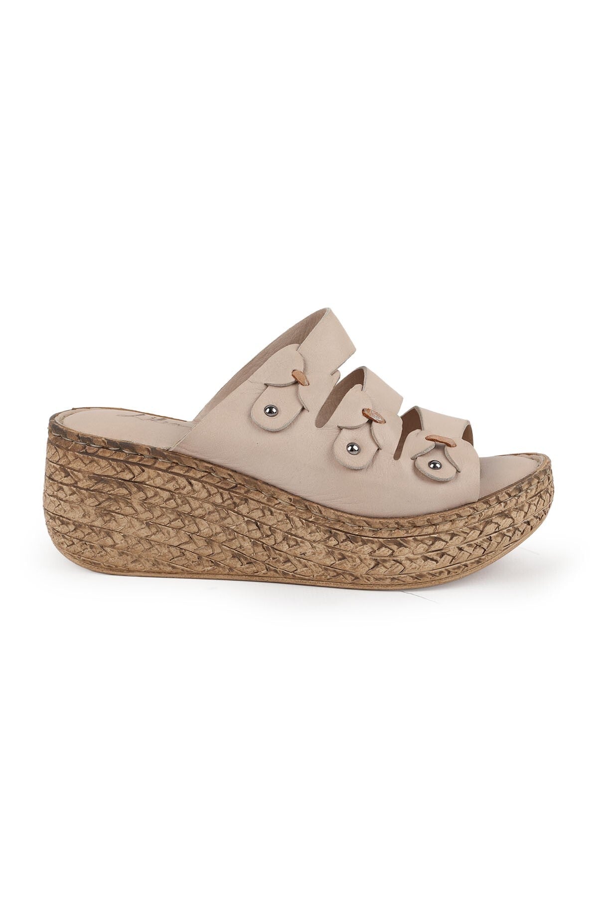 Women's Wedge Heeled Slippers Open Toe Slip-On Floral Thick Sole Antique Leather L078.7715 - MALLTURK