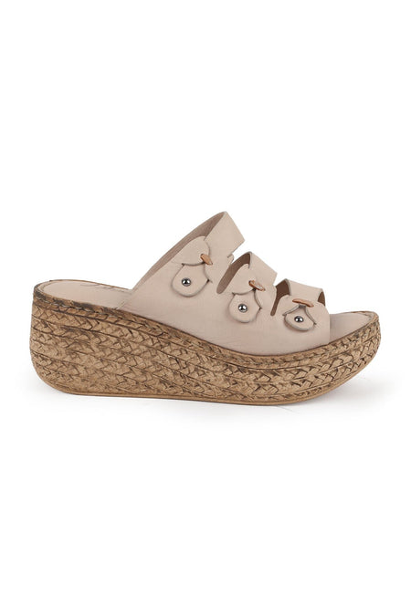 Women's Wedge Heeled Slippers Open Toe Slip-On Floral Thick Sole Antique Leather L078.7715 - MALLTURK
