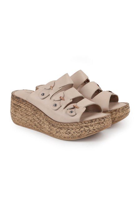 Women's Wedge Heeled Slippers Open Toe Slip-On Floral Thick Sole Antique Leather L078.7715 - MALLTURK