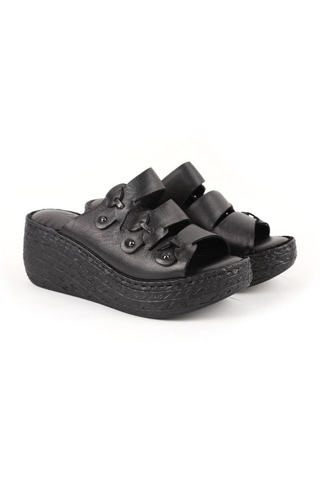 Women's Wedge Heeled Slippers Open Toe Slip-On Floral Thick Sole Antique Leather L078.7715 - MALLTURK