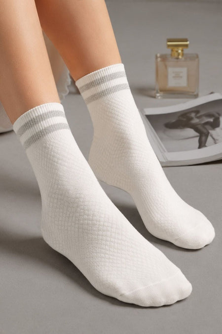 Women's White Gray Double Striped Textured Flexible Above-Ankle Socks - MALLTURK