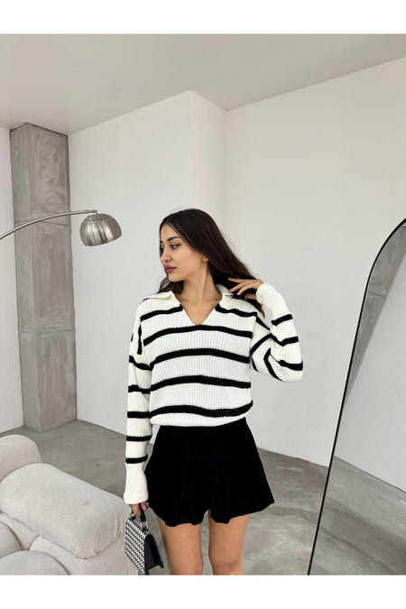 Women's White Polo Collar Striped Thick Knit Sweater - MALLTURK